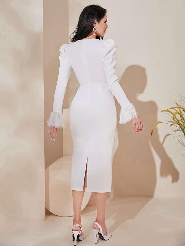 ADIOLI White Dress Fuzzy Cuff Sweetheart Neck Bodycon Dress